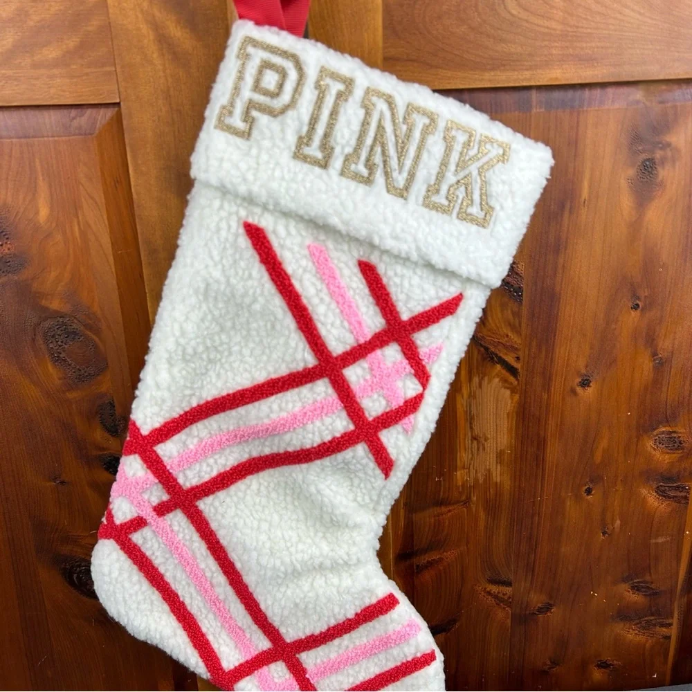 NEW - PINK By Victoria’s Secret Sherpa White Candy Cane Christmas Stocking Fairy